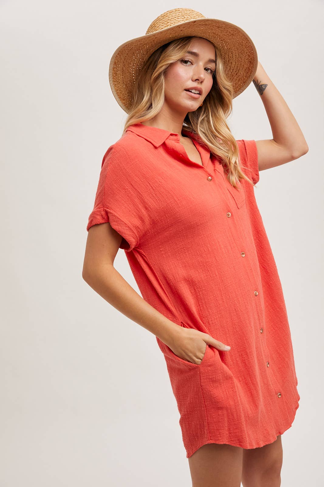 BUTTON UP SHIRT DRESS WITH POCKET