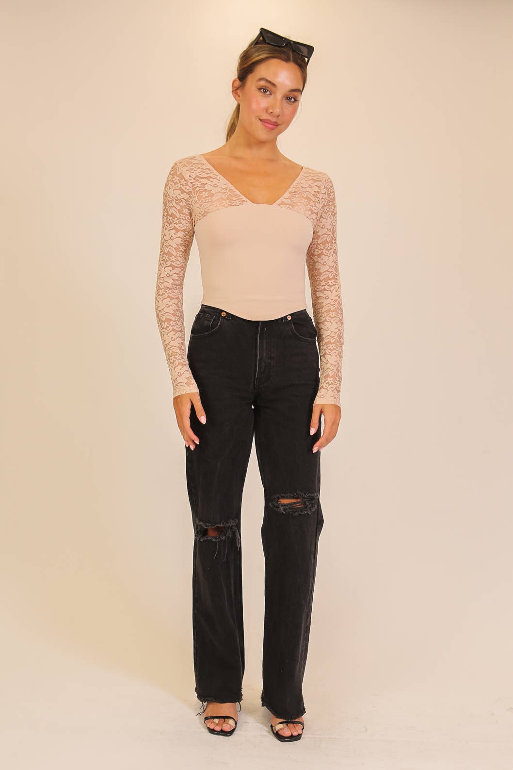 Lace Sleeve V-Neck Top