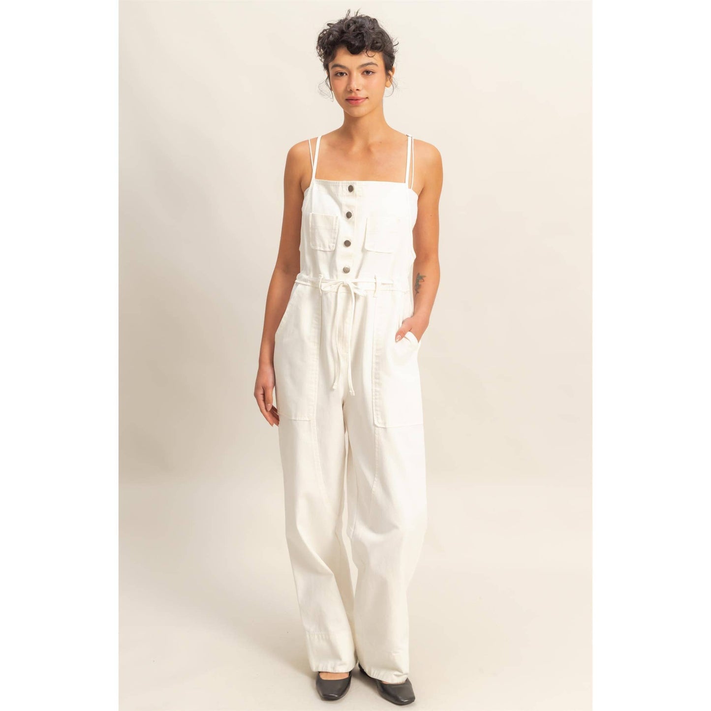 Front Pocket Drawstring Denim Jumpsuit