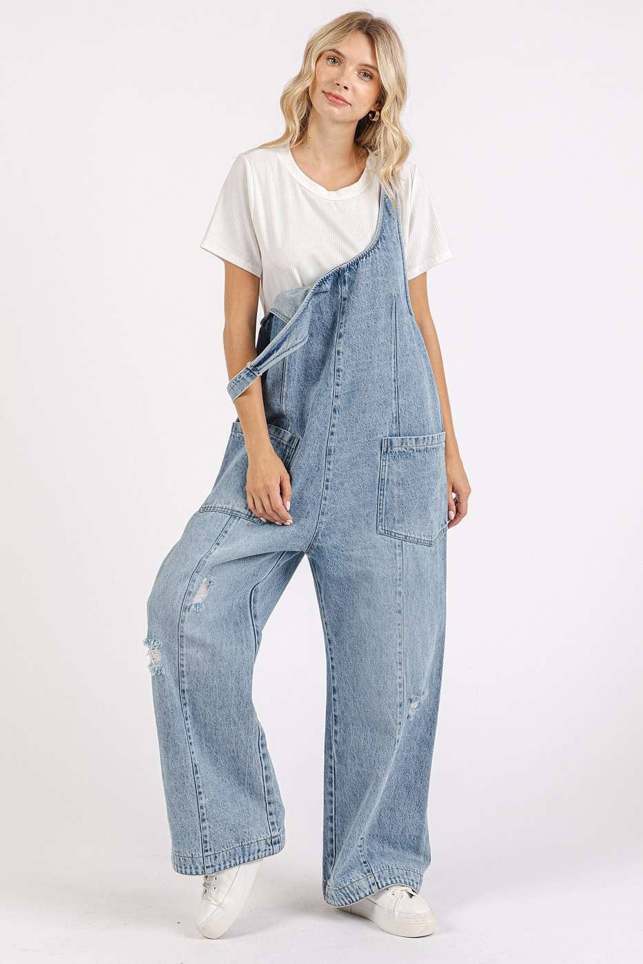 WASHED DENIM RELAXED FIT SLEEVELESS JUMPSUIT