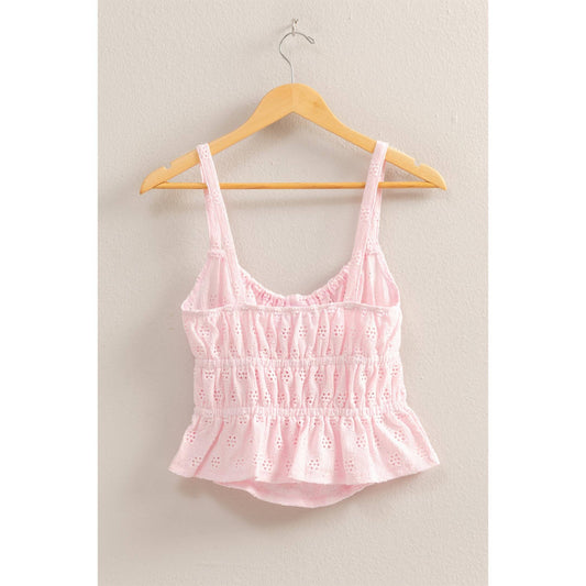Eyelet Knit Ruched Sleeveless Tank Top