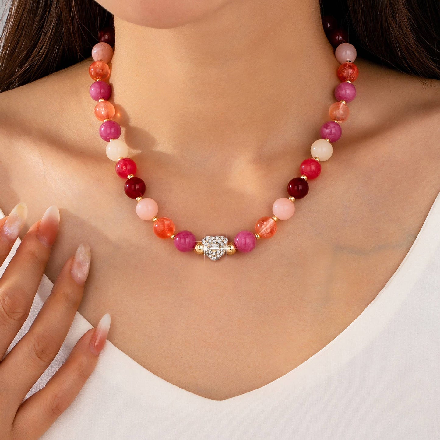 Rose & Berry Beaded Heart Crystal Ball Necklace