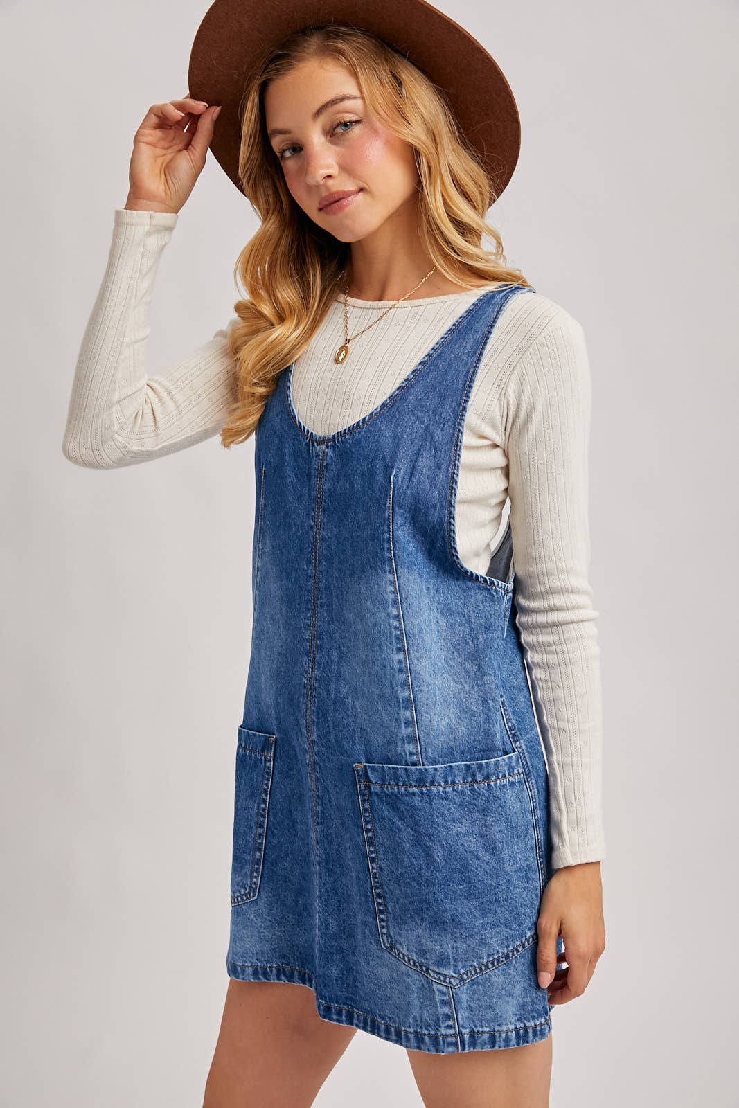 DENIM WASHED OVERALL POCKET DRESS