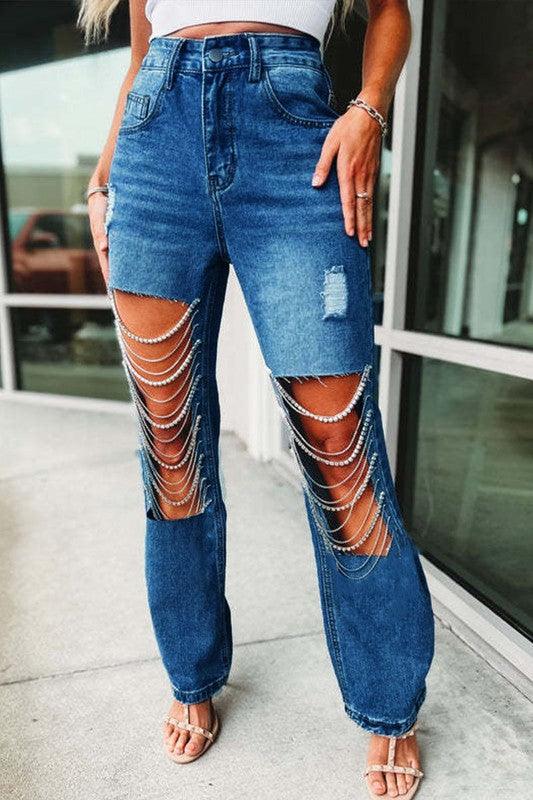 Shine On Rhinsetone Fringe Jeans - The Salty Mare