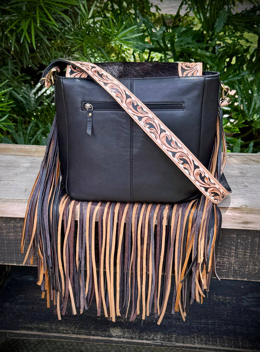 Upcycled LV Cowhide Leather Fringe Crossbody Bag Western