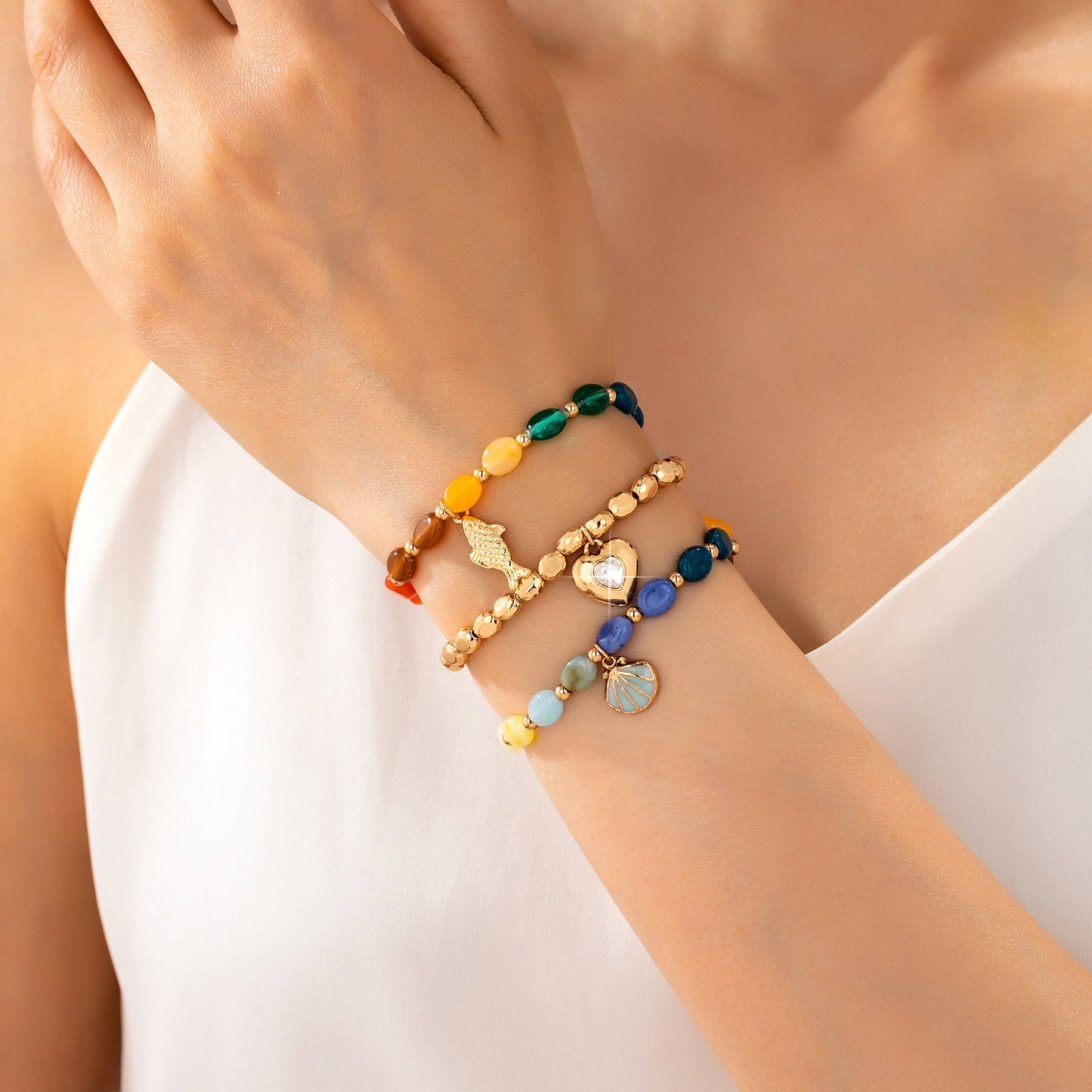 Multi-Color Beaded Layered Charm Bracelet