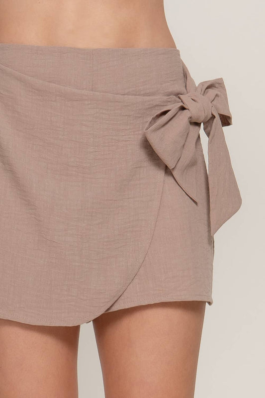 Side Ribbon Tie Linen Effect Skort