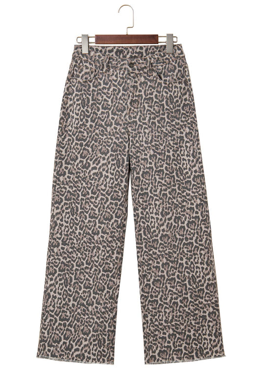 Leopard Frayed Edge Wide Leg High Waist Jeans