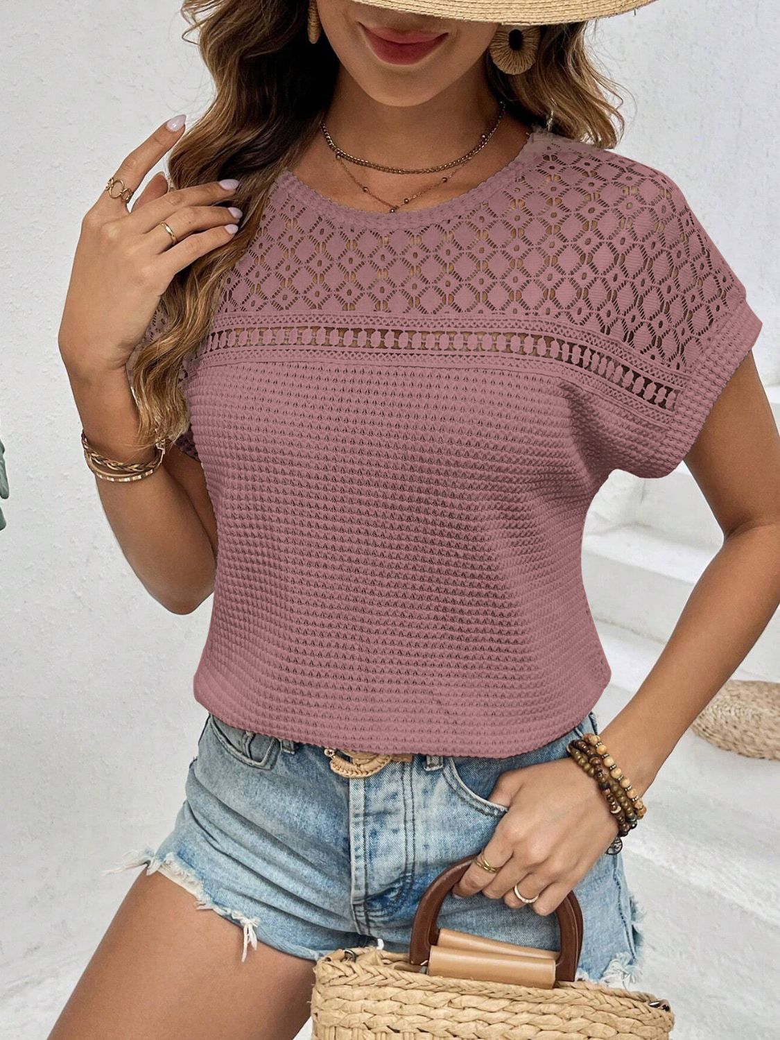 Waffle-Knit Round Neck Top