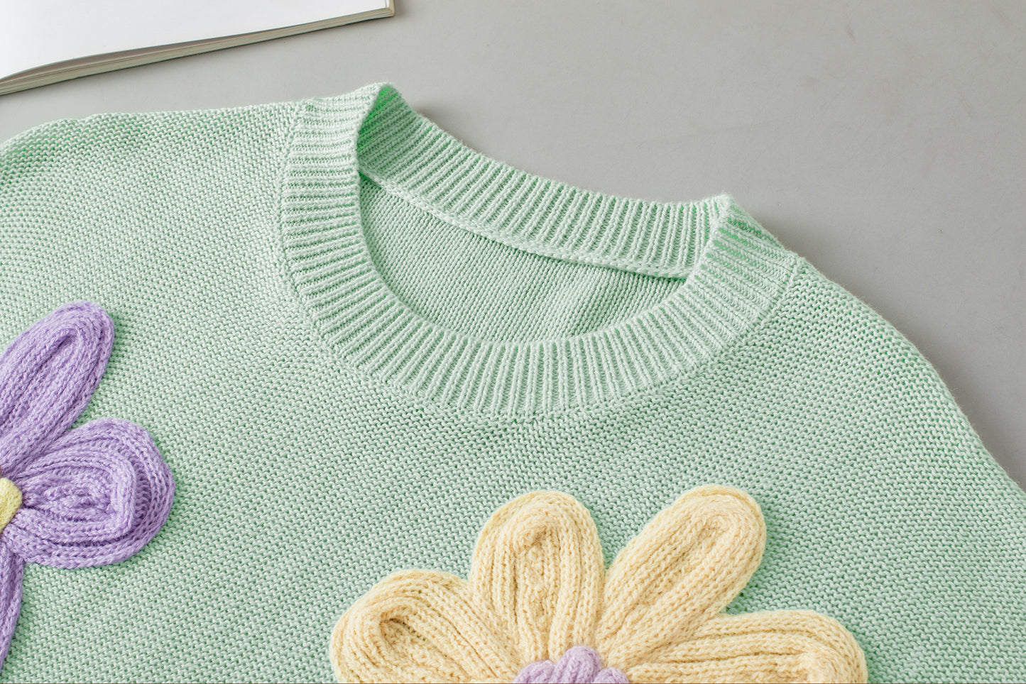 Pink Multi Crochet Flower Knit Short Sleeve Sweater Top