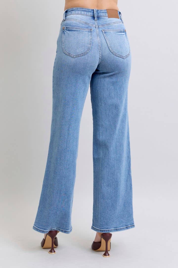 High Waisted Vintage Wash Retro Wide Leg