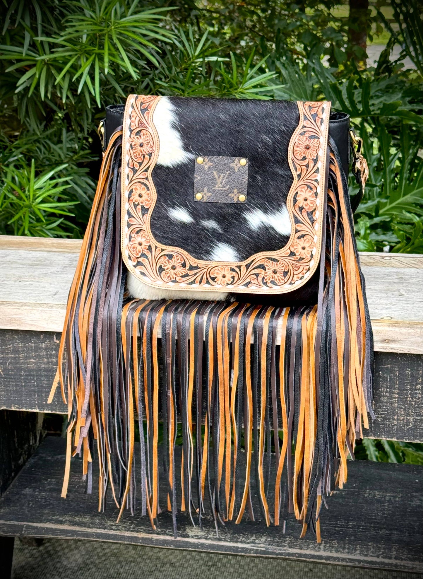Upcycled LV Cowhide Leather Fringe Crossbody Bag Western