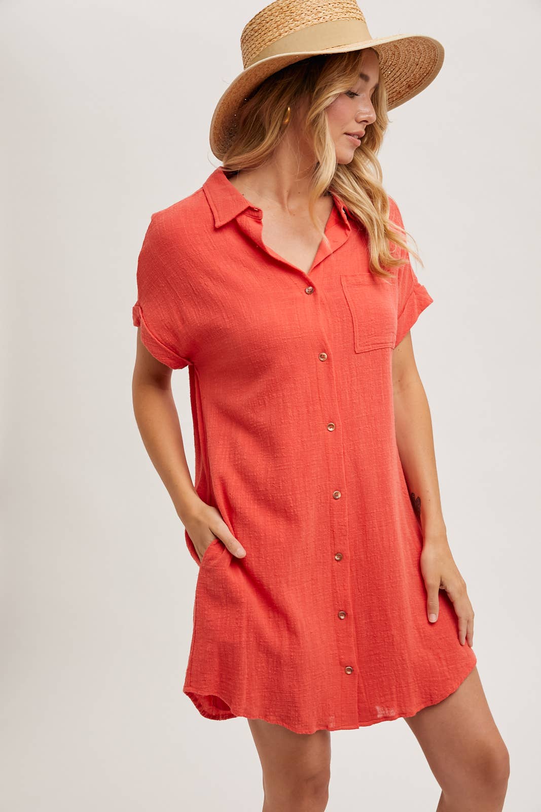 BUTTON UP SHIRT DRESS WITH POCKET