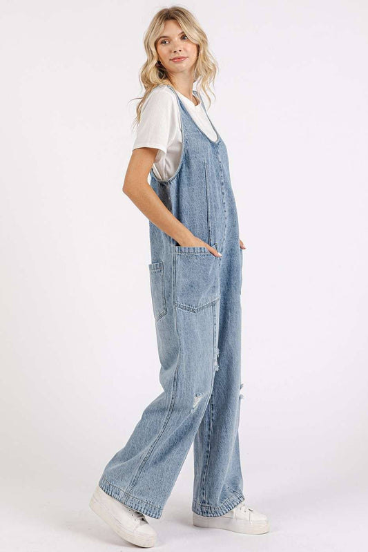 WASHED DENIM RELAXED FIT SLEEVELESS JUMPSUIT