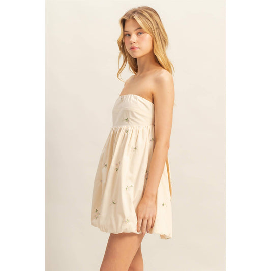 Embroidery Strapless Bubble Hem Dress