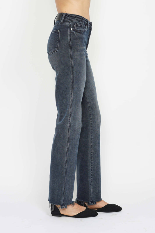 High Waisted Button Fly Hem Distressed Straight