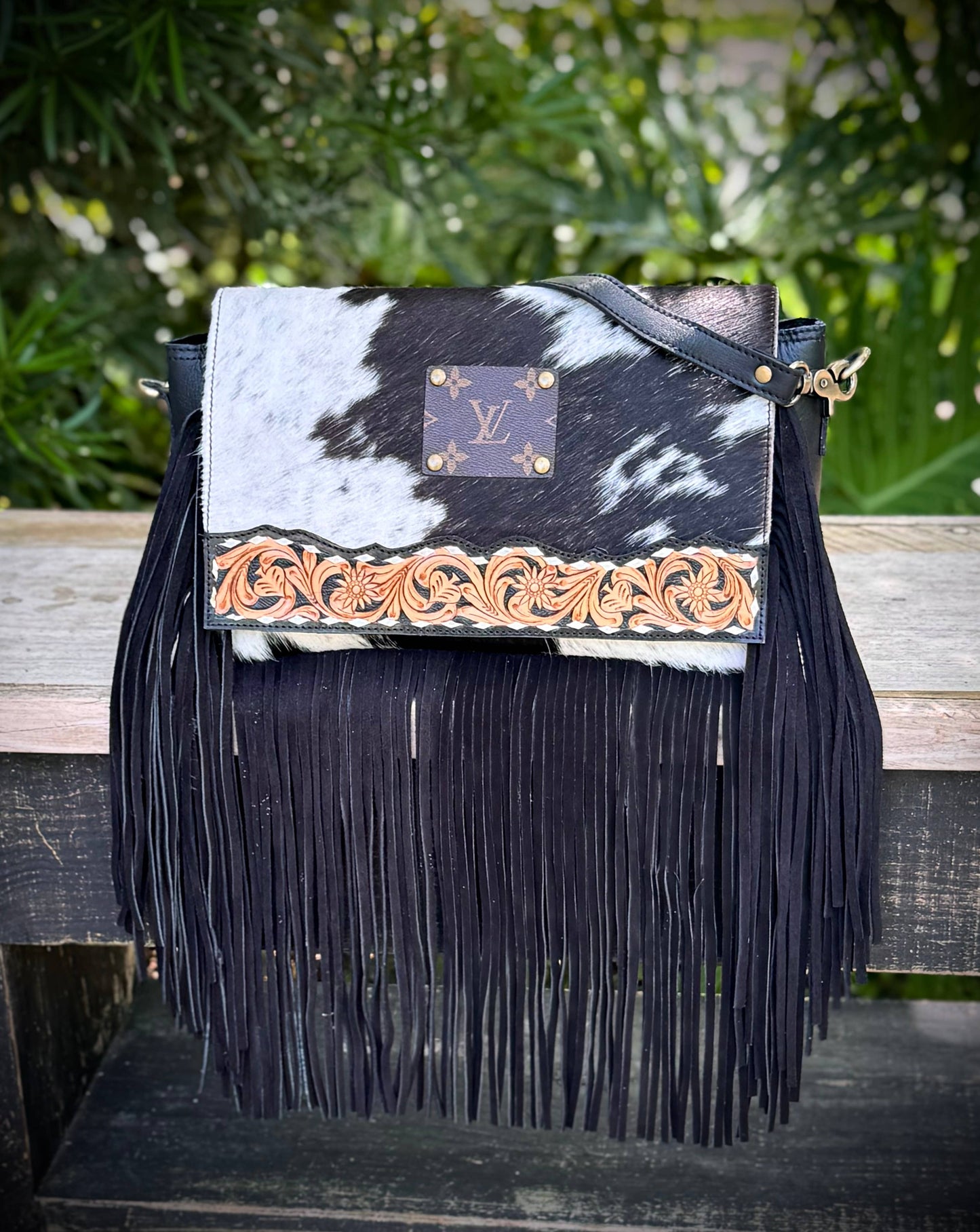 Upcycled LV Cowhide Leather Fringe Crossbody Bag Western