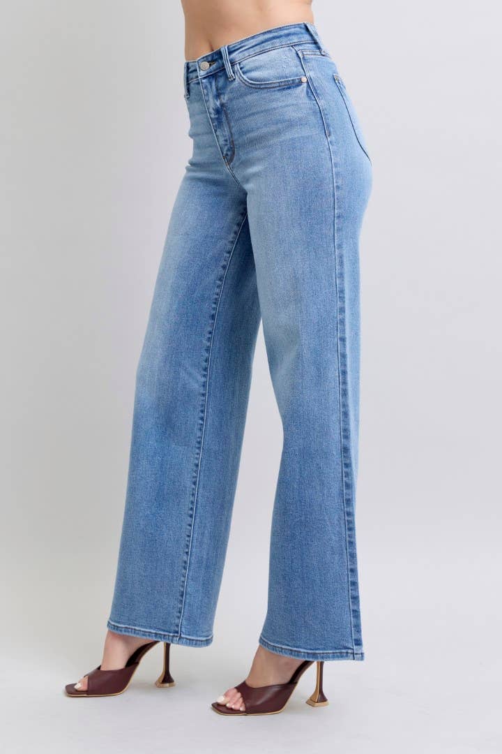 High Waisted Vintage Wash Retro Wide Leg
