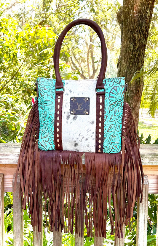 Upcycled LV Cowhide Leather Fringe Crossbody Satchel Bag