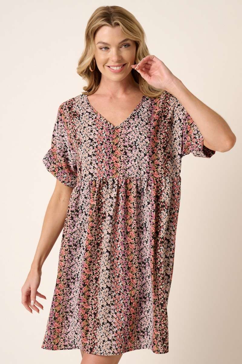 FLOWER PRINT V NECK BABYDOLL MINI DRESS