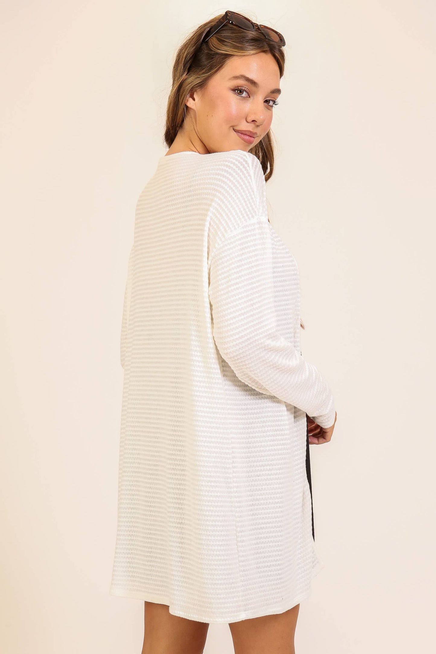 Open-Front Waffle Knit Cardigan