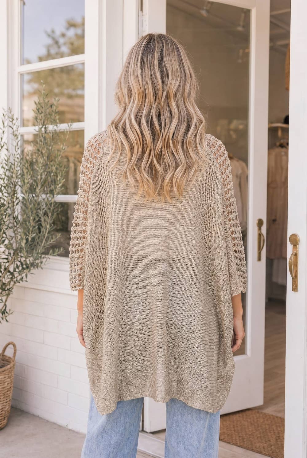 Open Weave V-Neck Batwing Sweater
