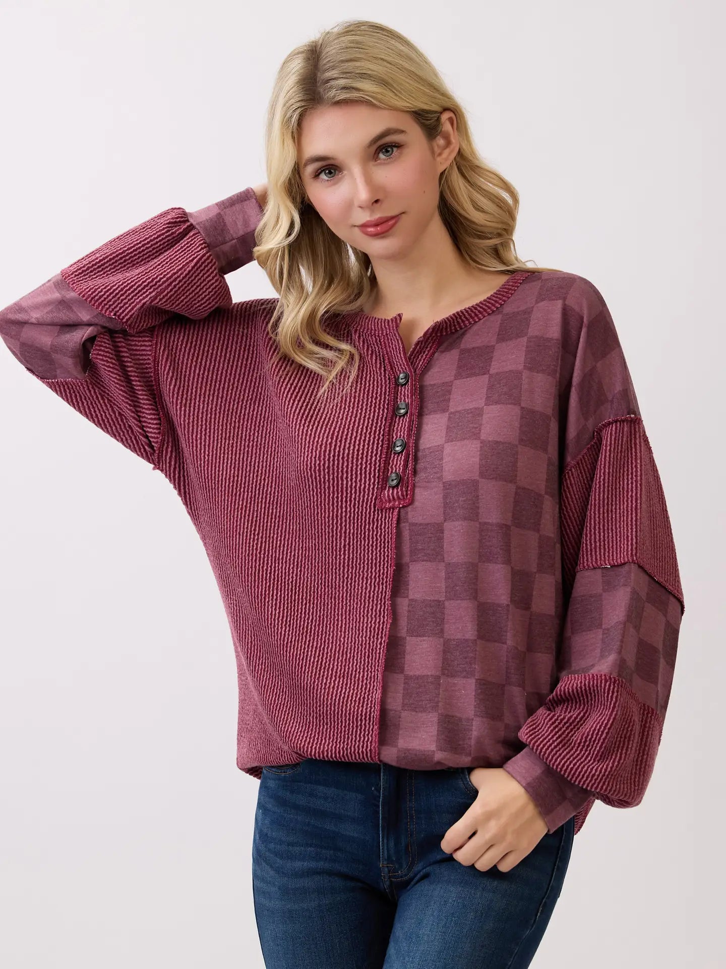 Rib and Checkered Patchwork Pullover Top