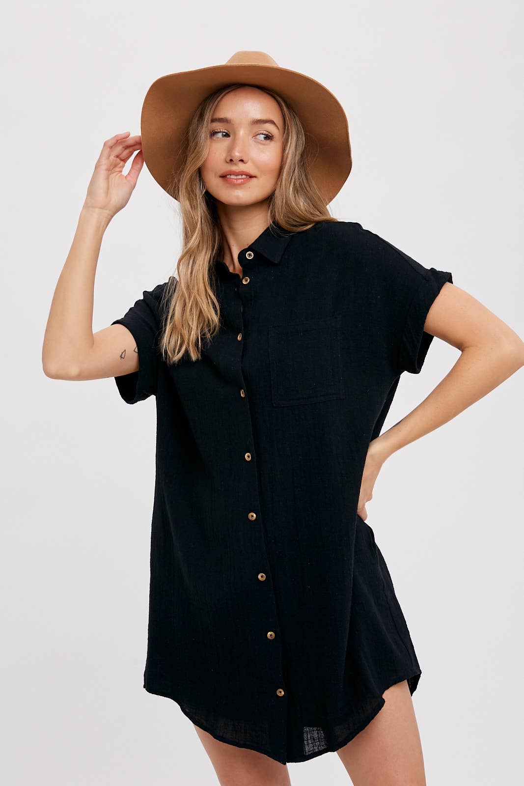 BUTTON UP SHIRT DRESS WITH POCKET