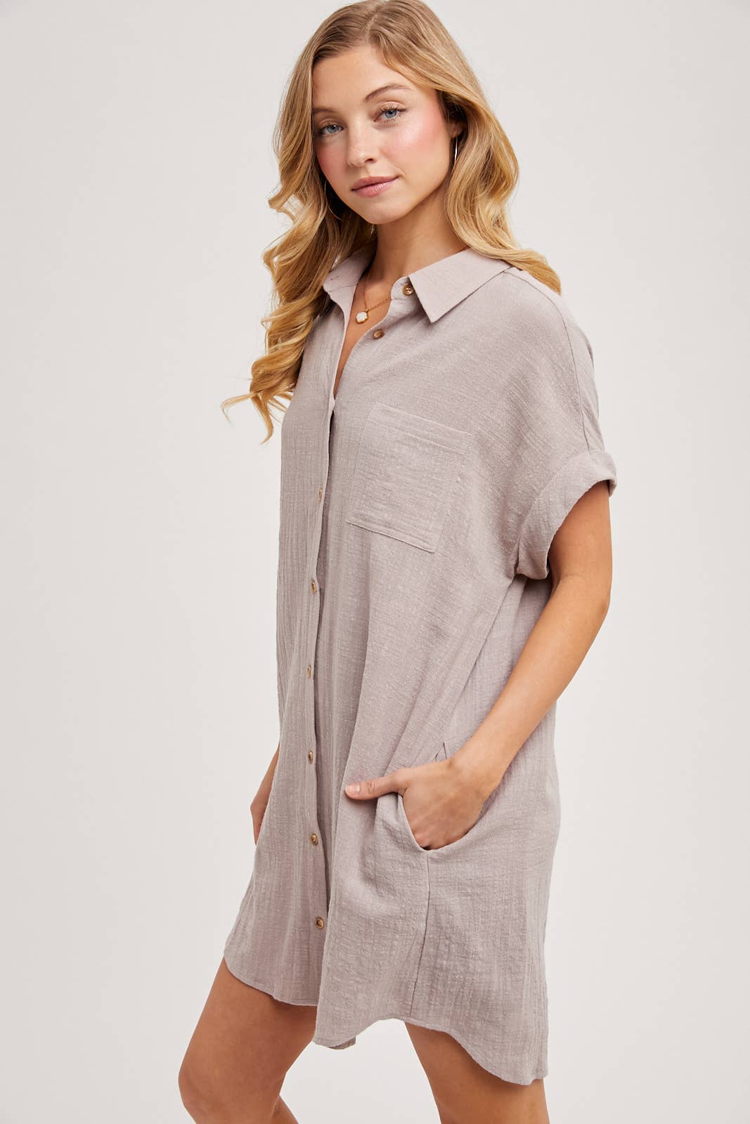 BUTTON UP SHIRT DRESS WITH POCKET