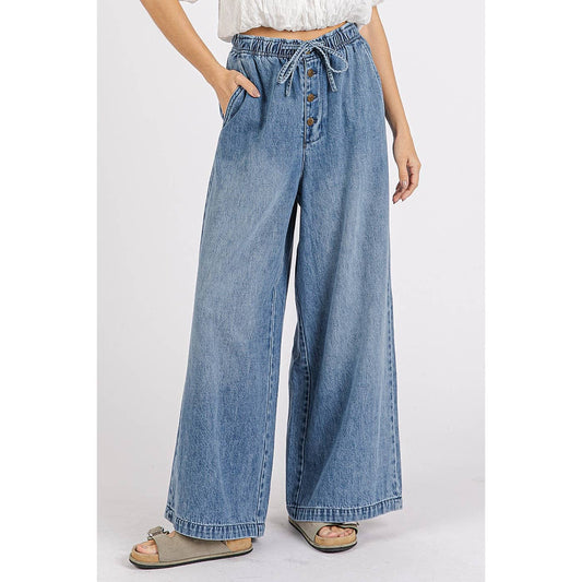 WASHED DENIM ELASTIC BUTTON FLY WIDE LEG PANTS