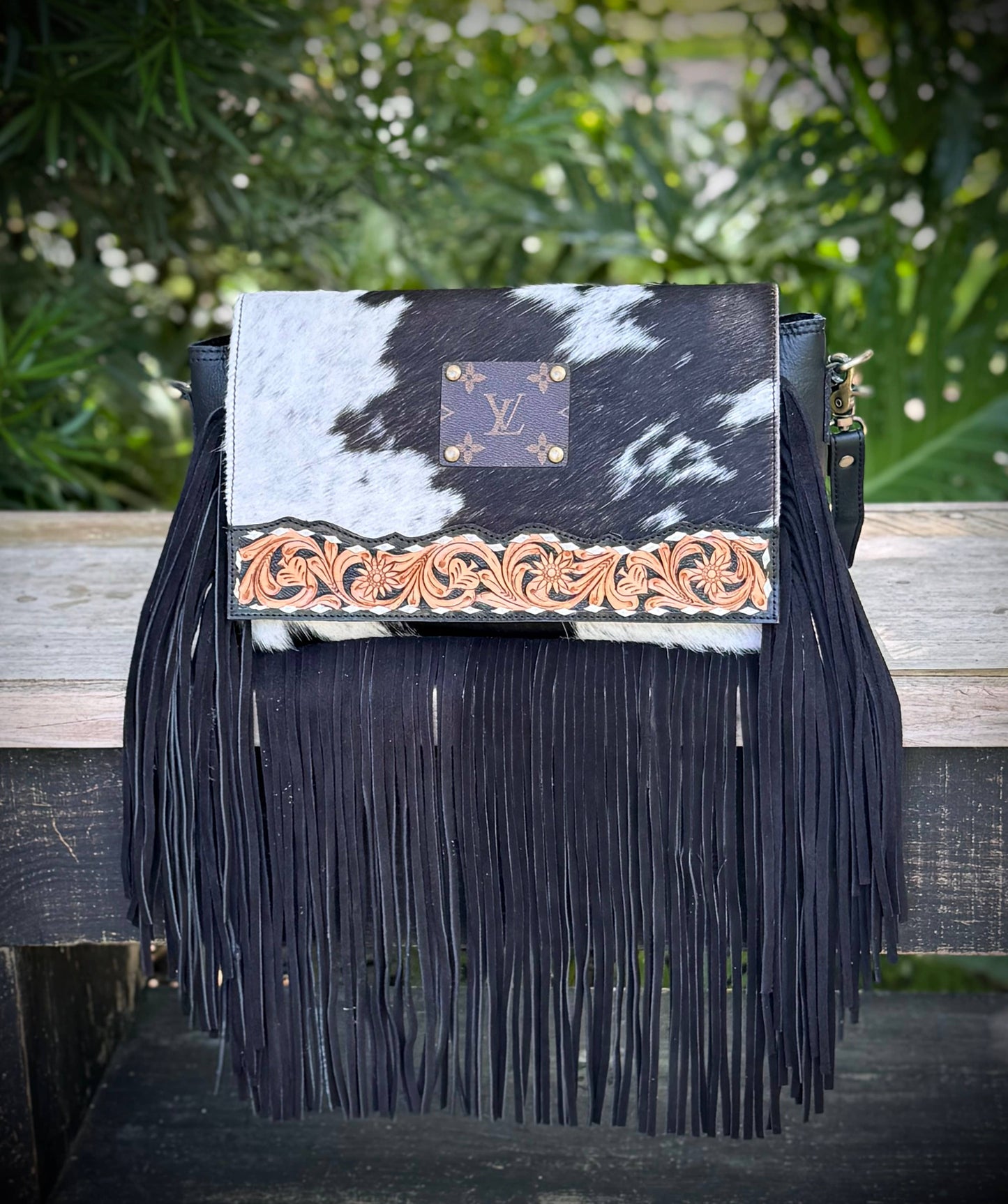 Upcycled LV Cowhide Leather Fringe Crossbody Bag Western