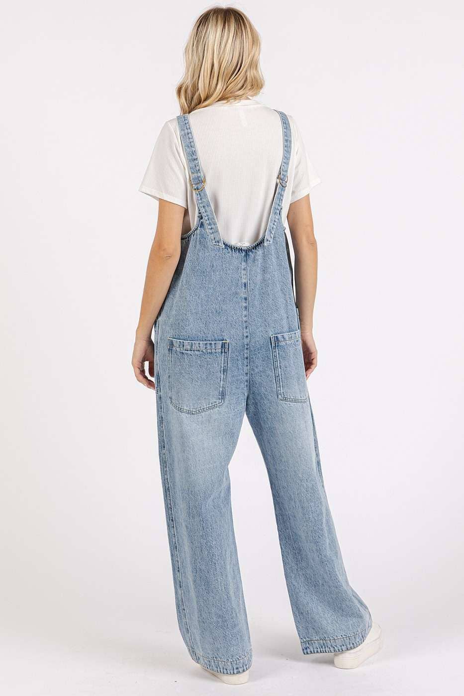 WASHED DENIM RELAXED FIT SLEEVELESS JUMPSUIT