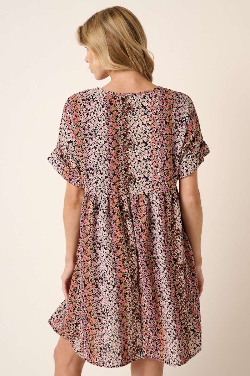 FLOWER PRINT V NECK BABYDOLL MINI DRESS