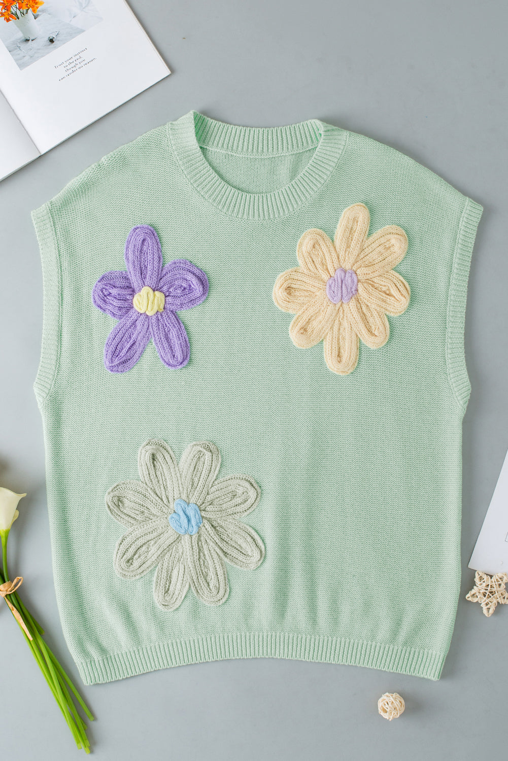 Pink Multi Crochet Flower Knit Short Sleeve Sweater Top