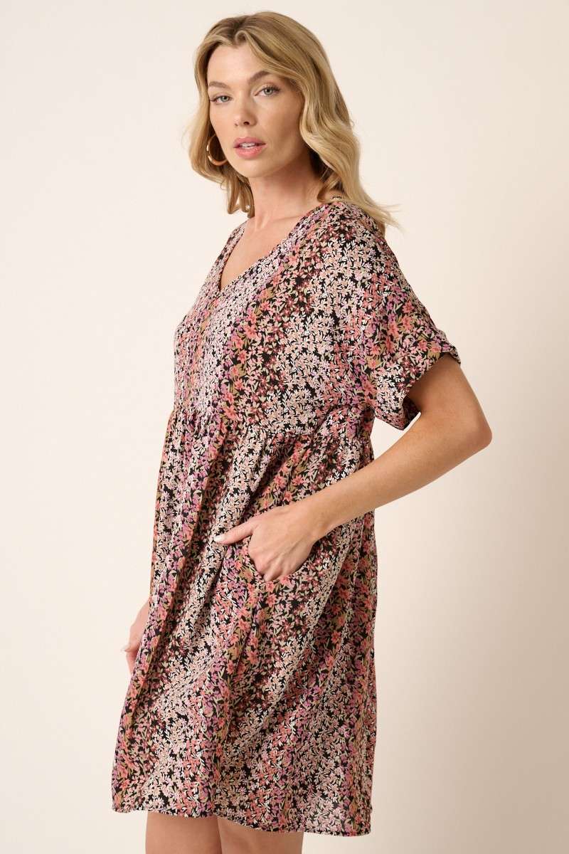 FLOWER PRINT V NECK BABYDOLL MINI DRESS