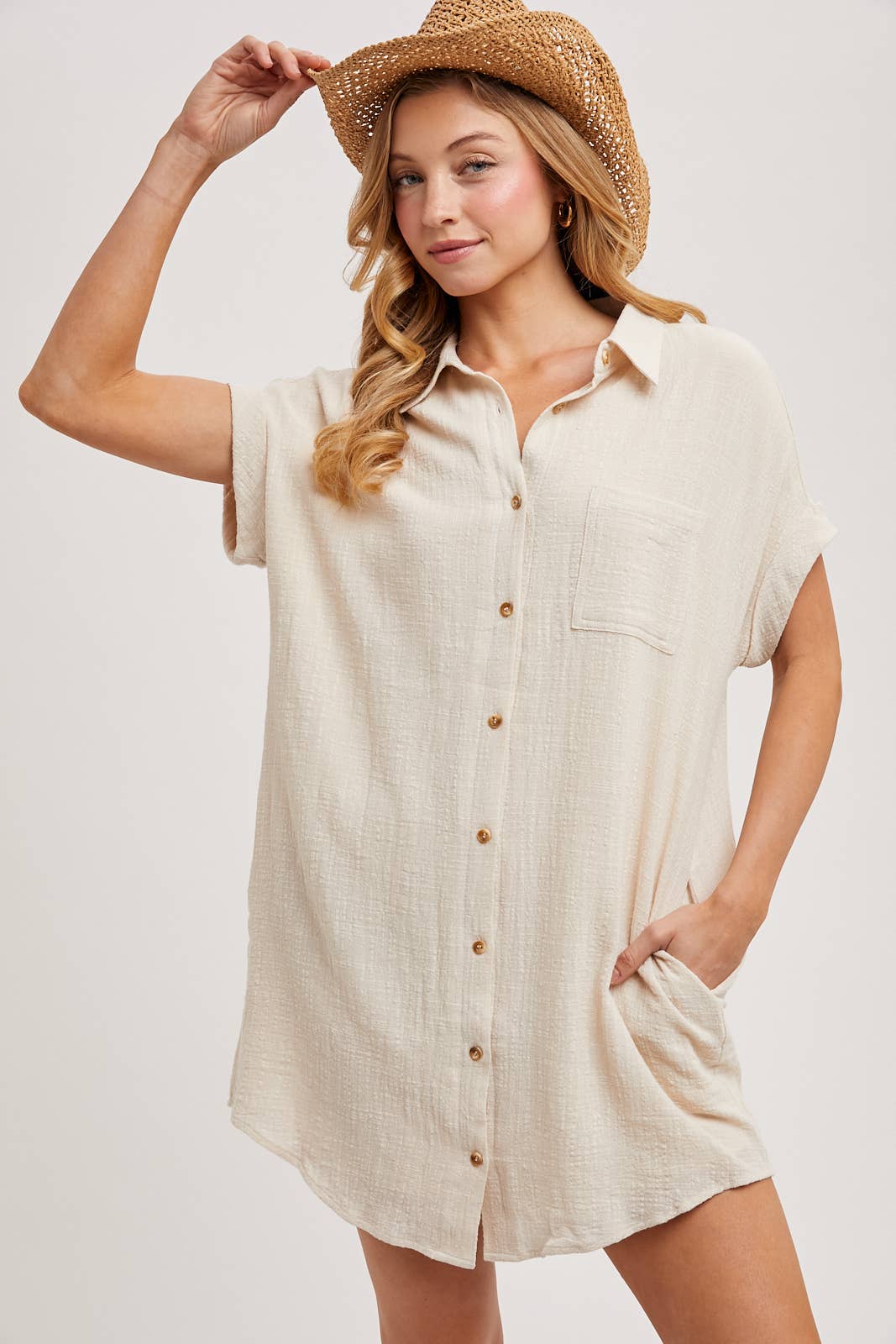 BUTTON UP SHIRT DRESS WITH POCKET