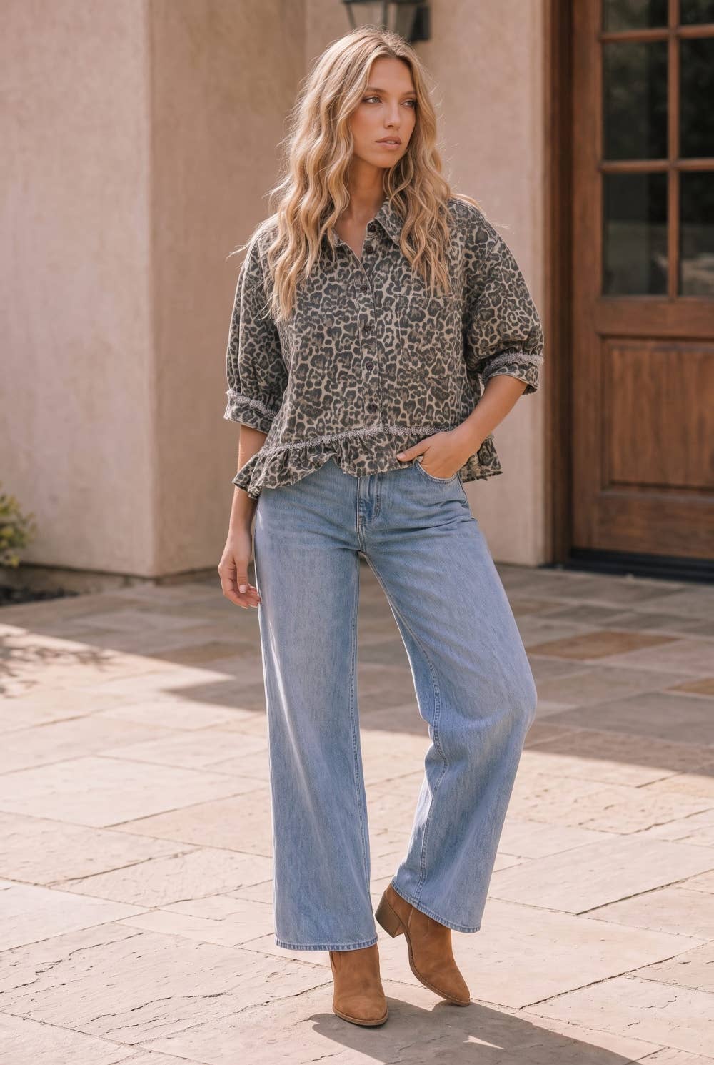 Leopard Print Frayed Ruffle Hem Shirt Jacket