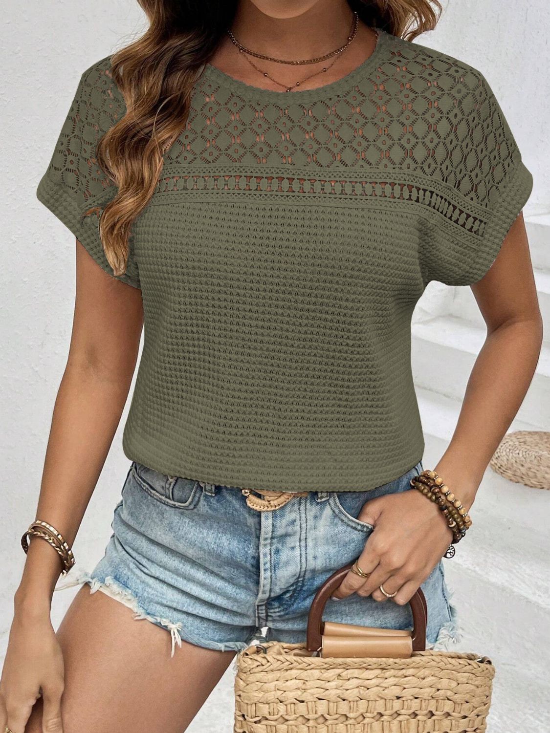 Waffle-Knit Round Neck Top
