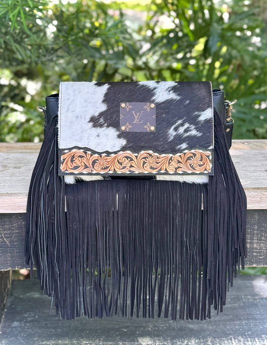 Upcycled LV Cowhide Leather Fringe Crossbody Bag Western