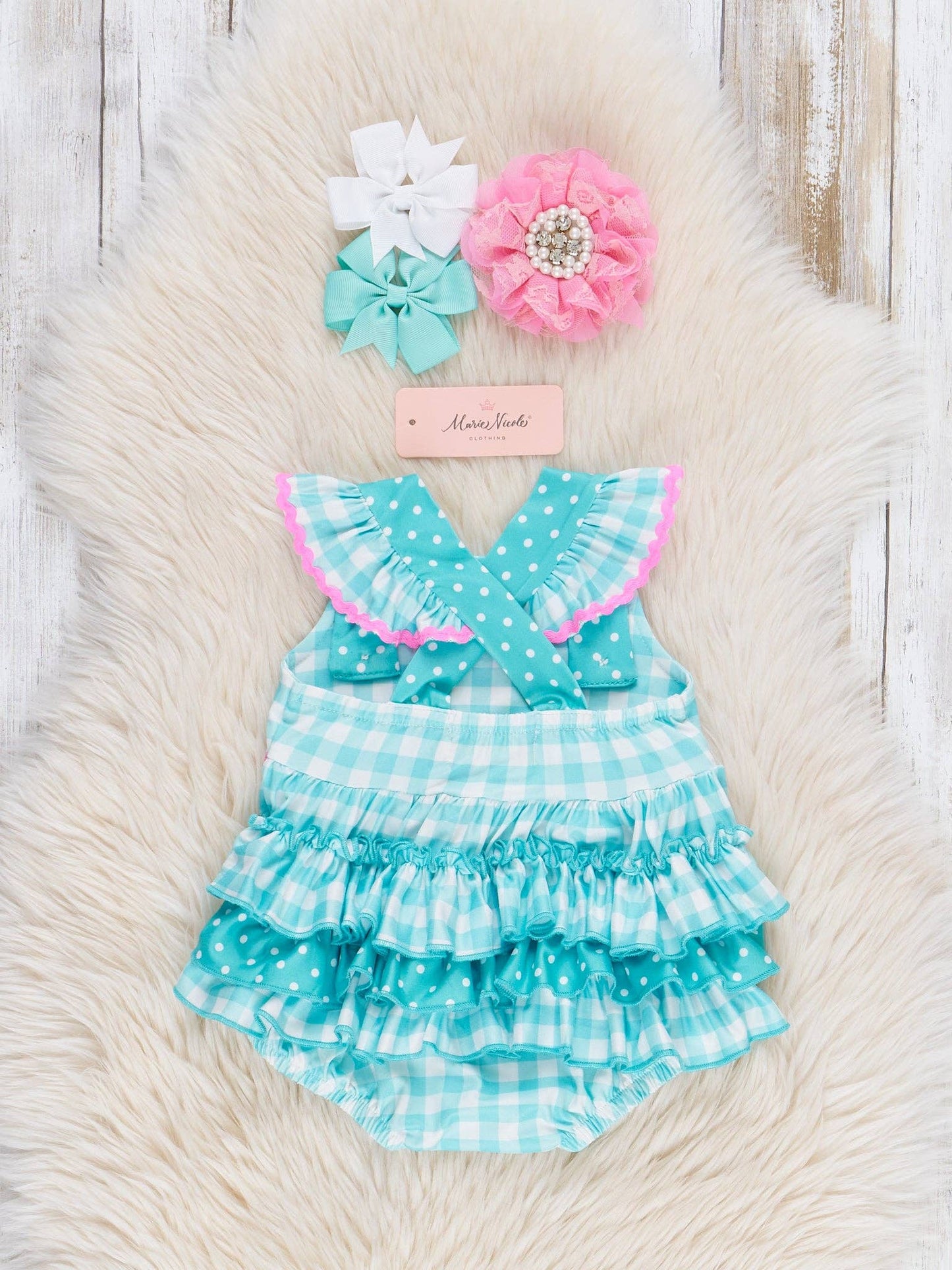 Gingham Embroidered Flamingo Party Ruffle Bubble Romper