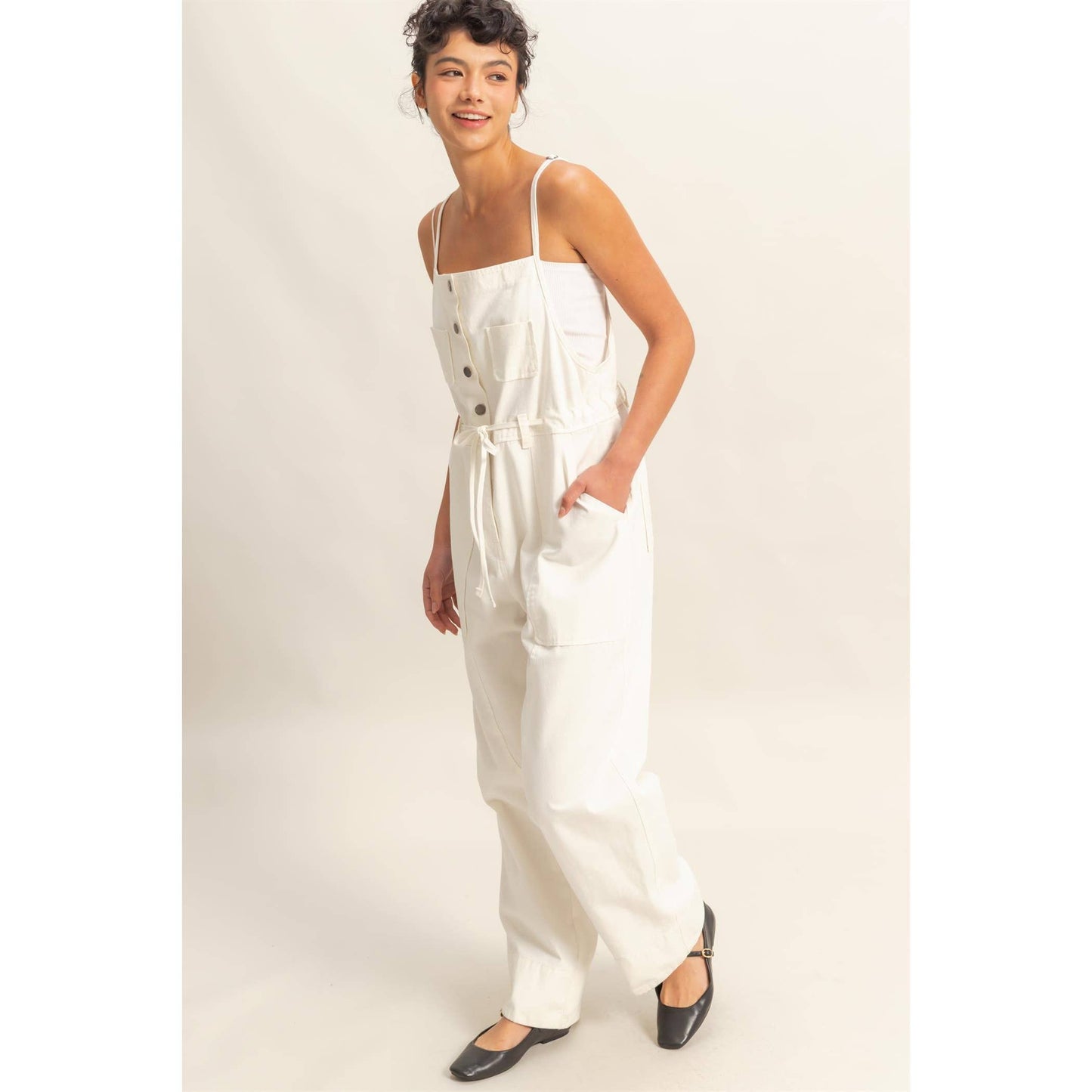 Front Pocket Drawstring Denim Jumpsuit