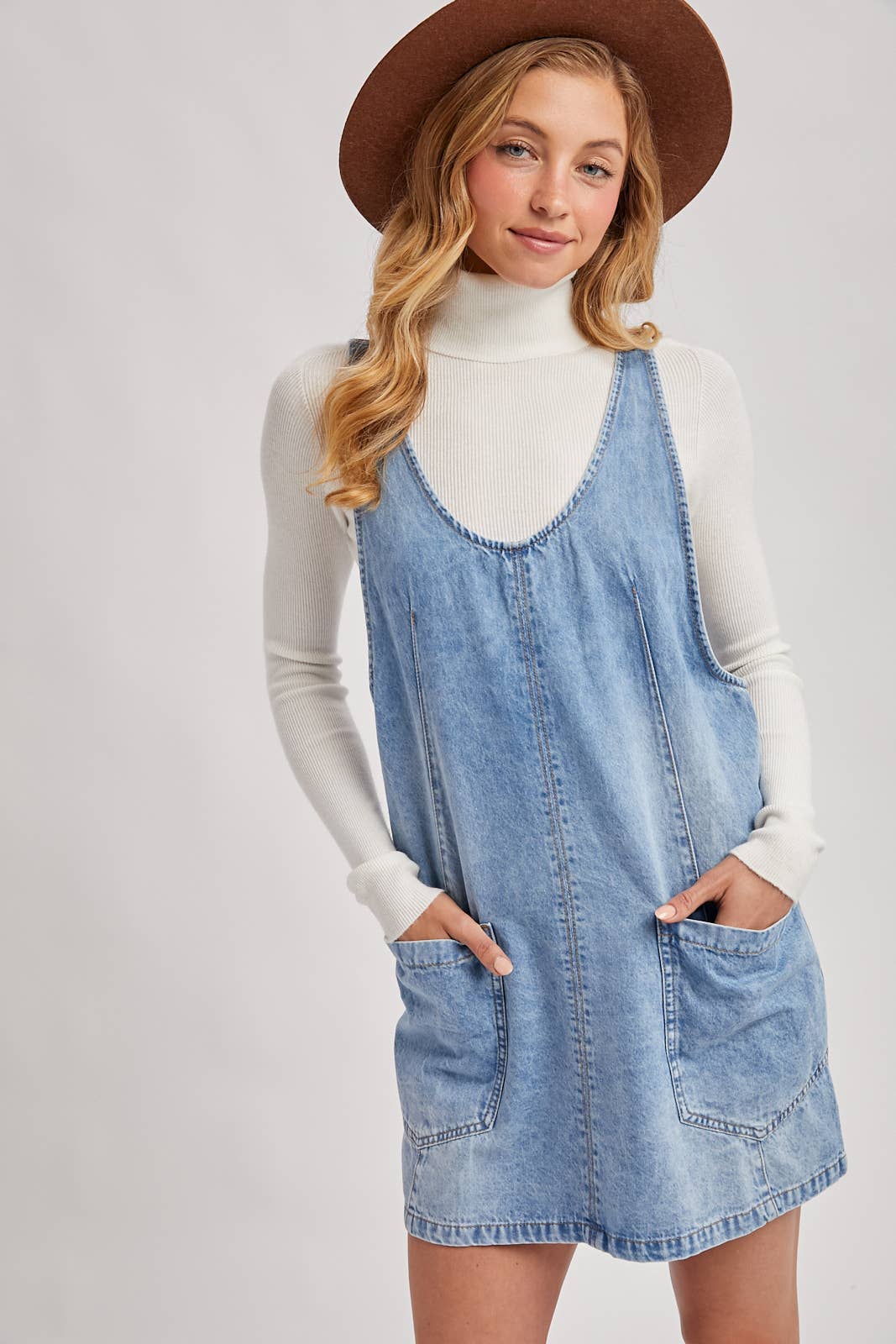 DENIM WASHED OVERALL POCKET DRESS