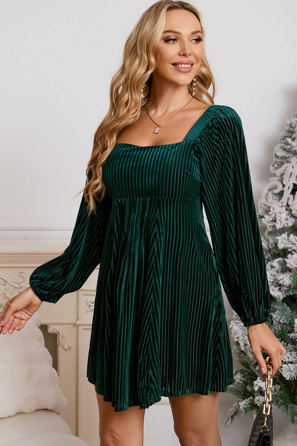 Velvet Corded Tie Back Babydoll Mini Dress