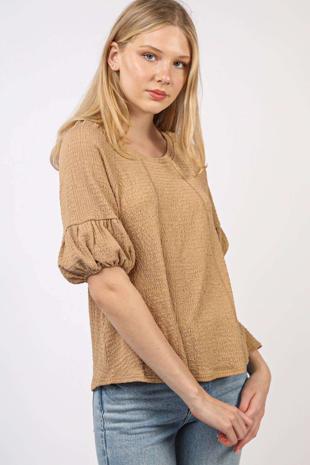 Half Puff Sleeve Crinkle Knit Top