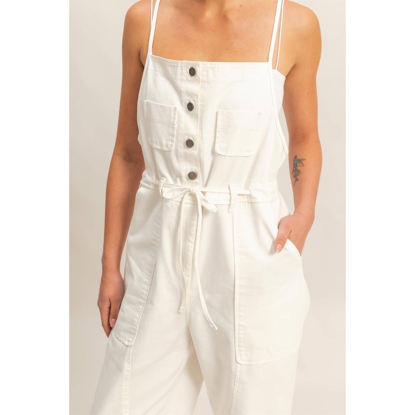 Front Pocket Drawstring Denim Jumpsuit