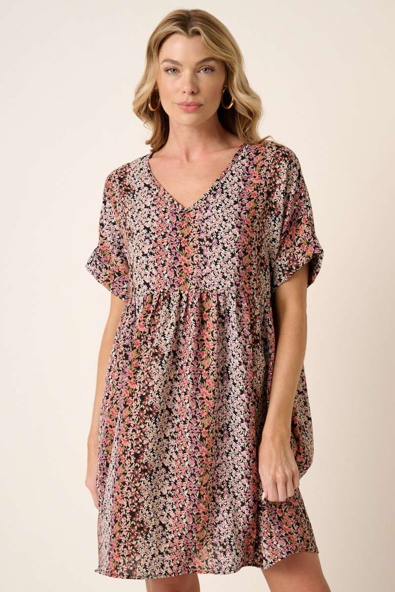 FLOWER PRINT V NECK BABYDOLL MINI DRESS