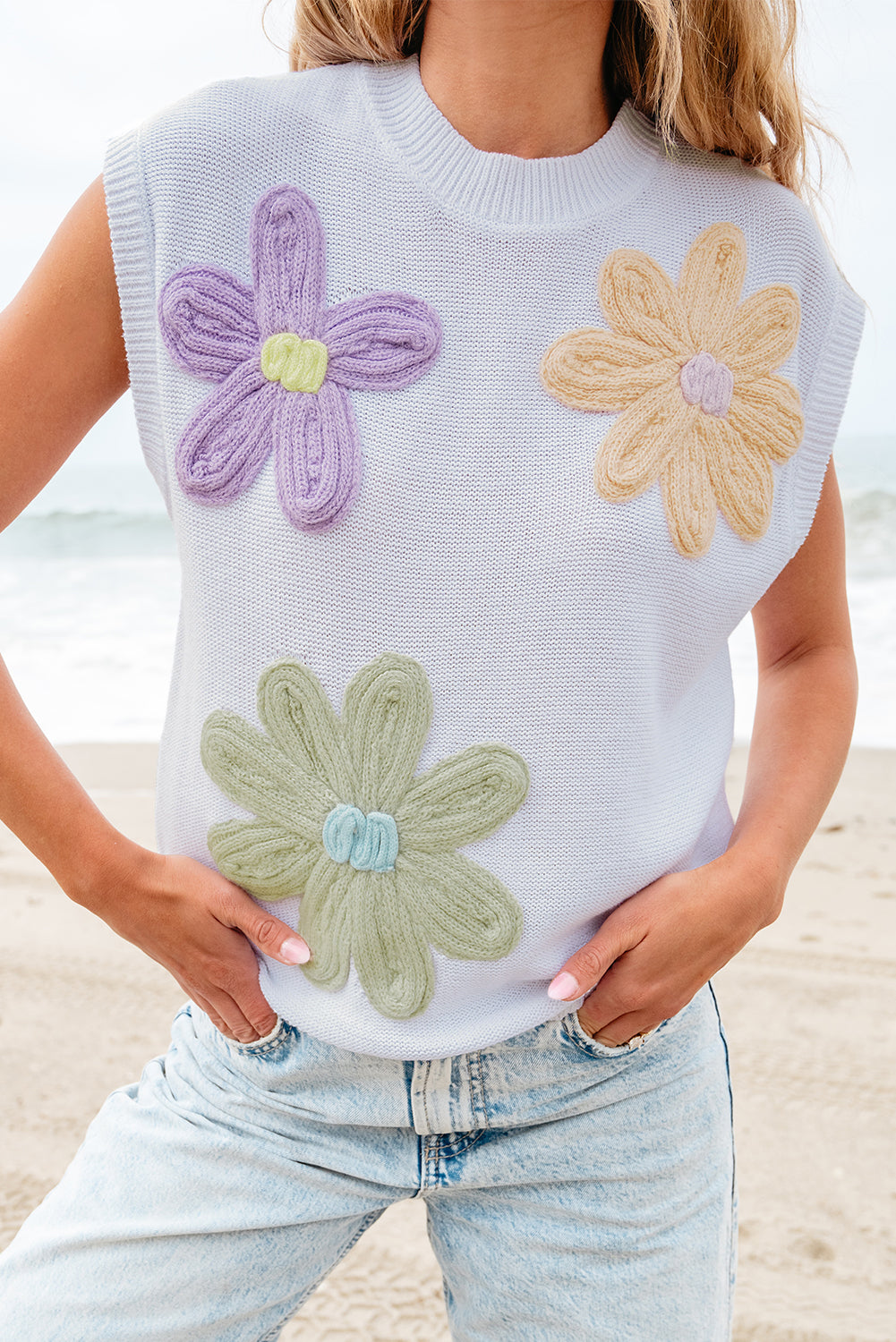 Pink Multi Crochet Flower Knit Short Sleeve Sweater Top