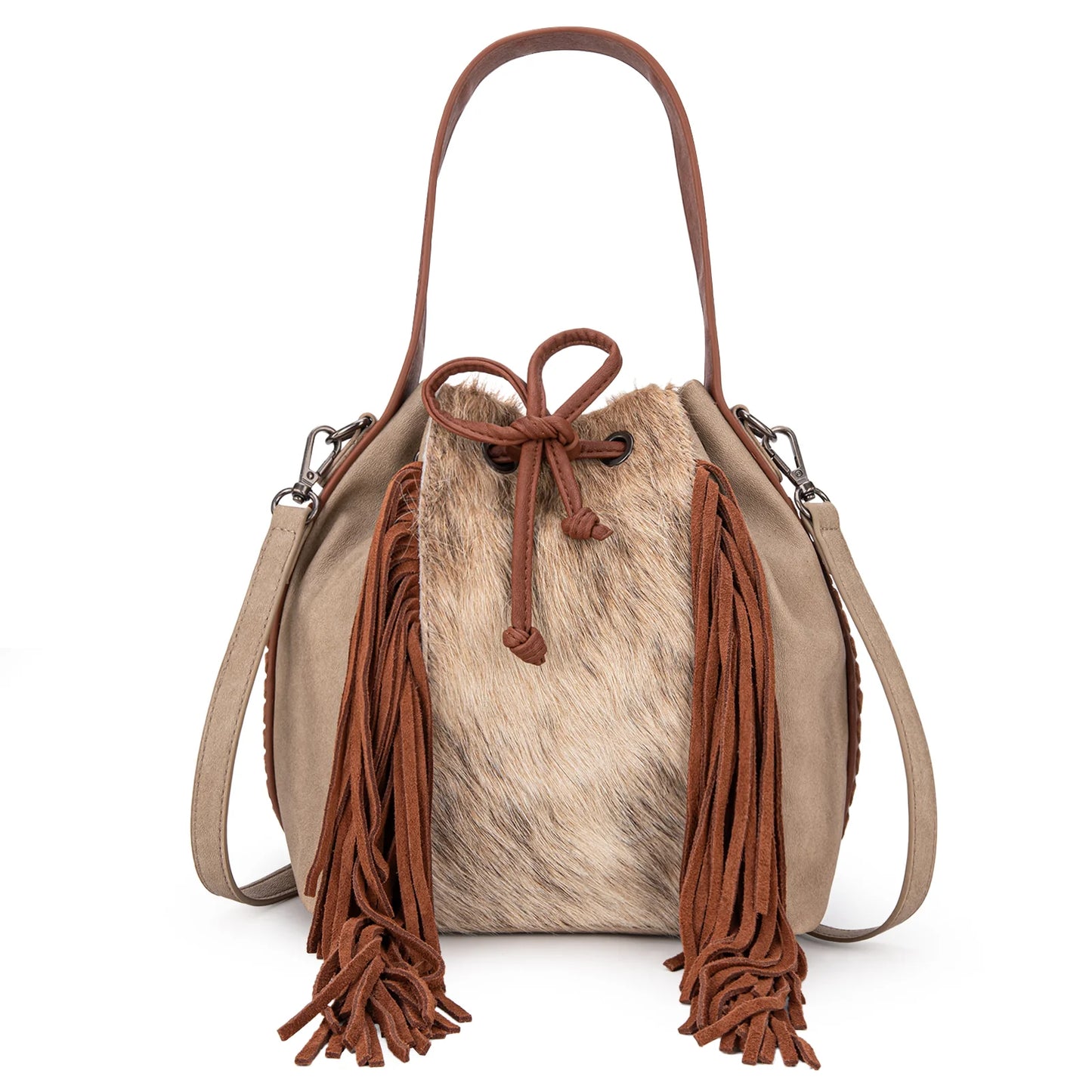 Montana West Hair-On Cowhide Drawstring Hobo/Crossbody