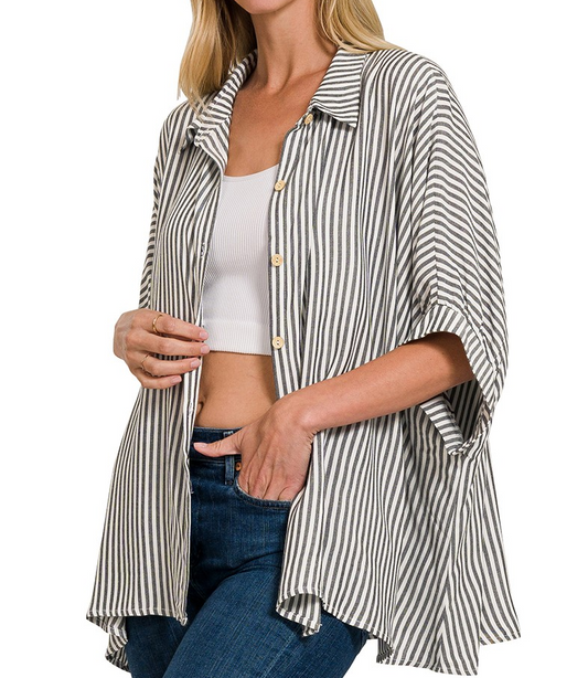 Oversized Striped Short Sleeve Button Up