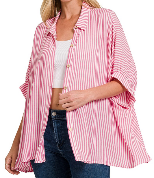 Oversized Striped Short Sleeve Button Up